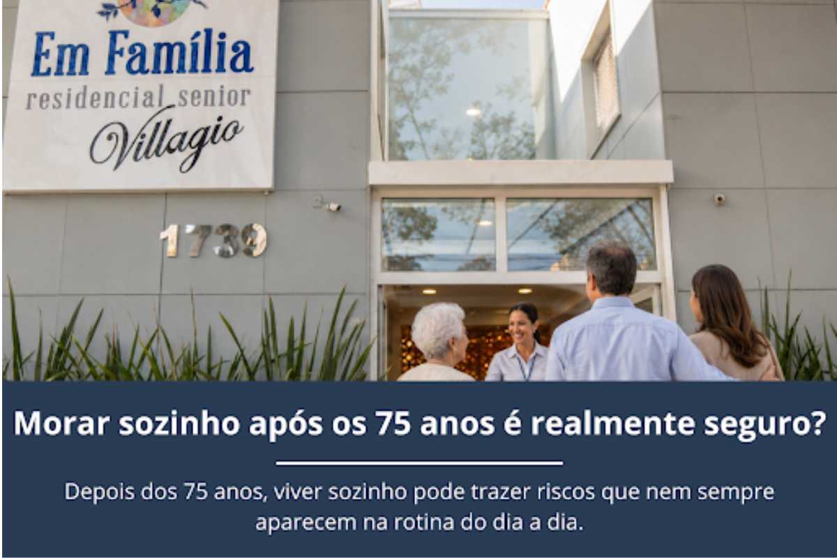 Arte com a fachada de um residencial sênior e a pergunta sobre morar sozinho após os 75 anos