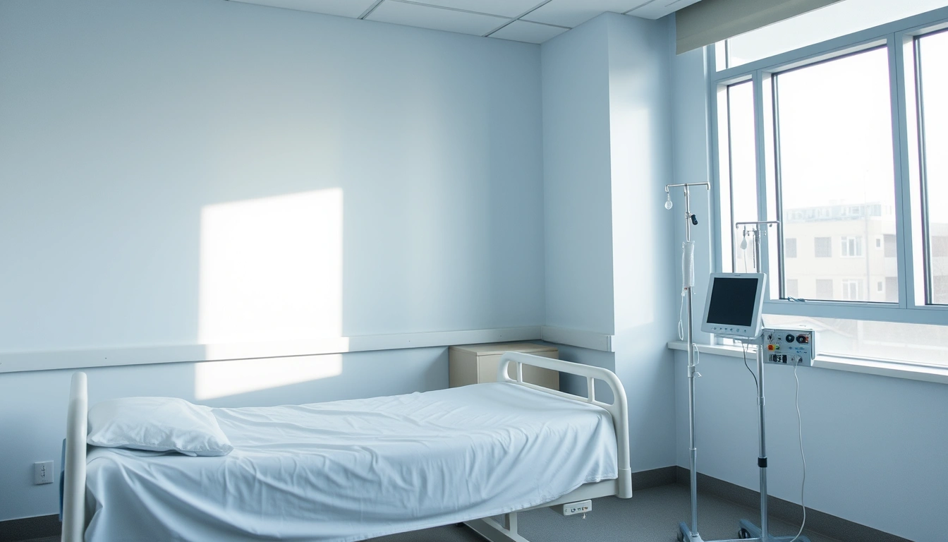 Quarto de hospital vazio com cama arrumada e luz da manhã pela janela