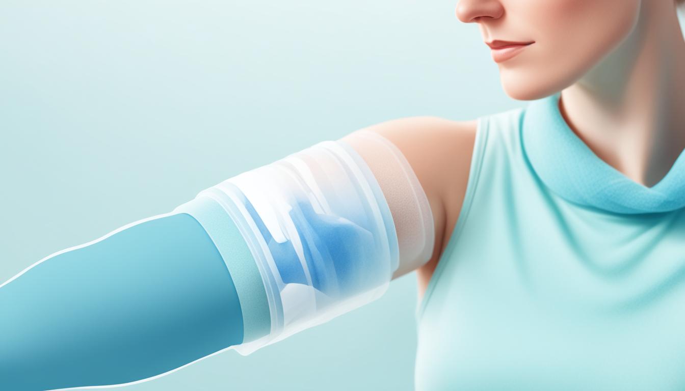 Ilustração de um braço com o cotovelo destacado em azul, indicando inflamação
